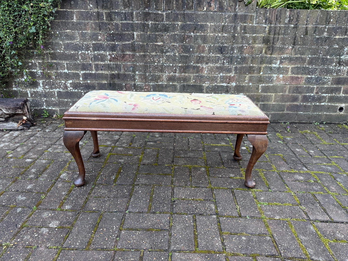 Vintage Tapestry Upholstered Wooden Bench, Antique bench – Queen Anne Style Legs – Antique Entryway, antique living room furniture