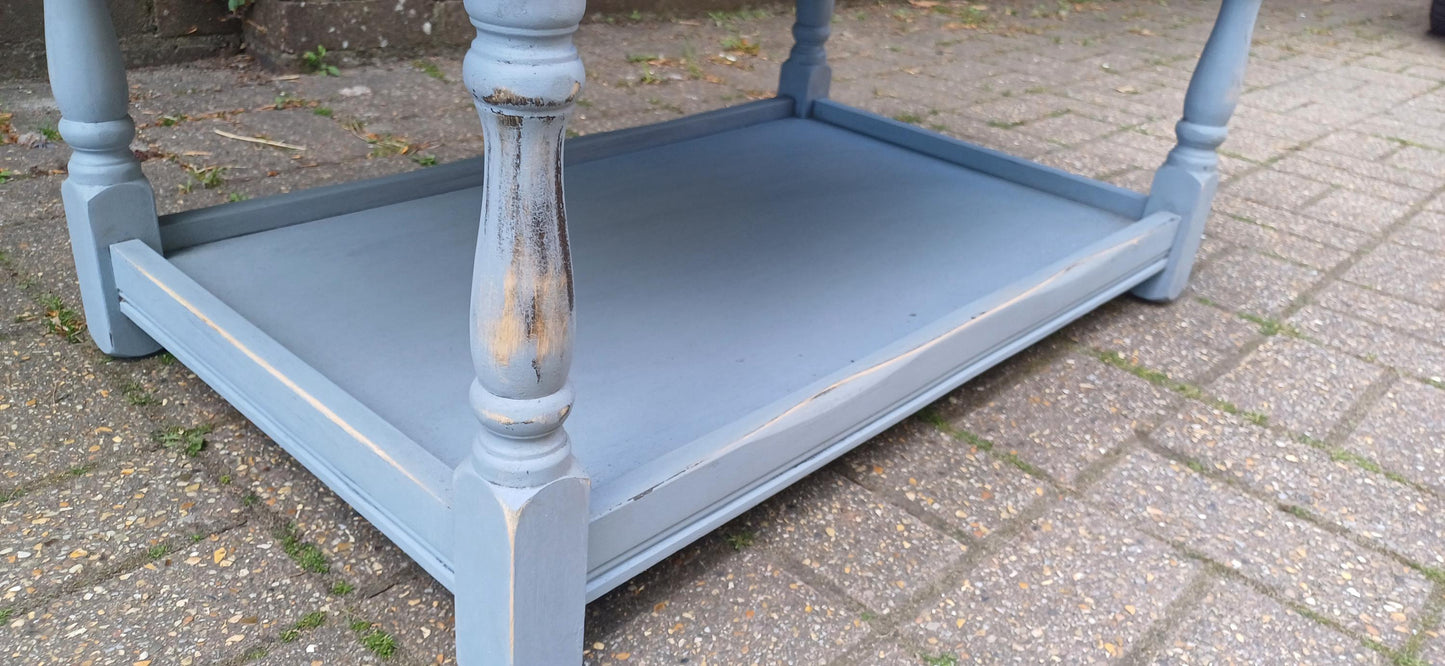 Rustic Grey Painted Coffee Table with Oak Veneer Top Sliding Storage Vintage Style with Danish Oil Finish Blue Grey FREE HAND Delivery