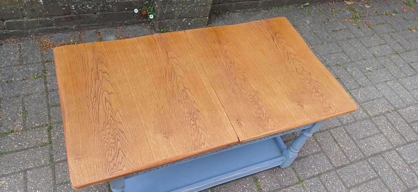 Rustic Grey Painted Coffee Table with Oak Veneer Top Sliding Storage Vintage Style with Danish Oil Finish Blue Grey FREE HAND Delivery