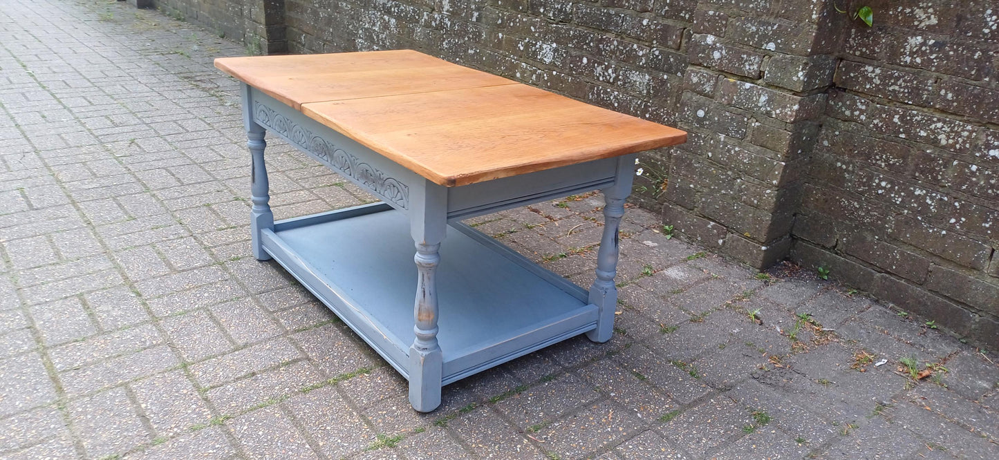 Rustic Grey Painted Coffee Table with Oak Veneer Top Sliding Storage Vintage Style with Danish Oil Finish Blue Grey FREE HAND Delivery