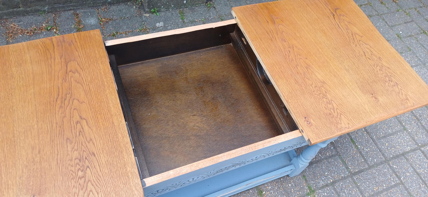 Rustic Grey Painted Coffee Table with Oak Veneer Top Sliding Storage Vintage Style with Danish Oil Finish Blue Grey FREE HAND Delivery