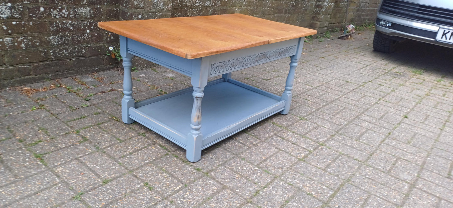Rustic Grey Painted Coffee Table with Oak Veneer Top Sliding Storage Vintage Style with Danish Oil Finish Blue Grey FREE HAND Delivery