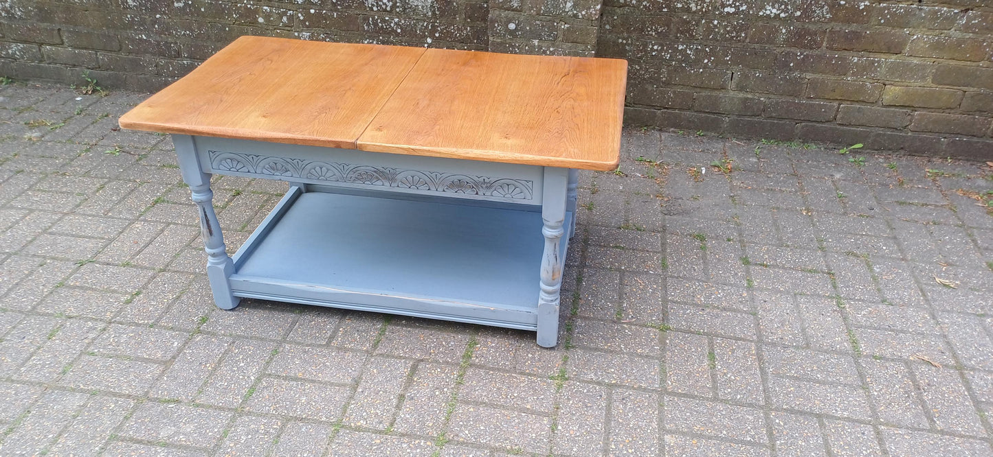 Rustic Grey Painted Coffee Table with Oak Veneer Top Sliding Storage Vintage Style with Danish Oil Finish Blue Grey FREE HAND Delivery