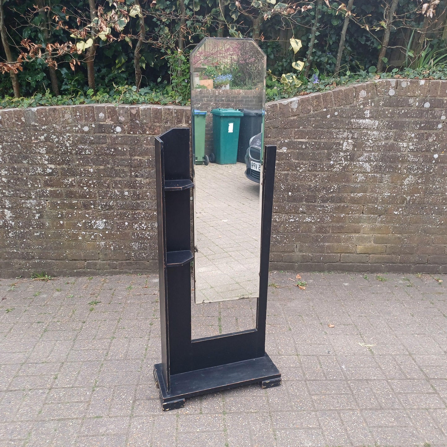 1920s Art Deco Oak Cheval Mirror Side Shelves Freestanding Distressed Black Finish Vintage Full Length Tilting Mirror FREE HAND Delivery