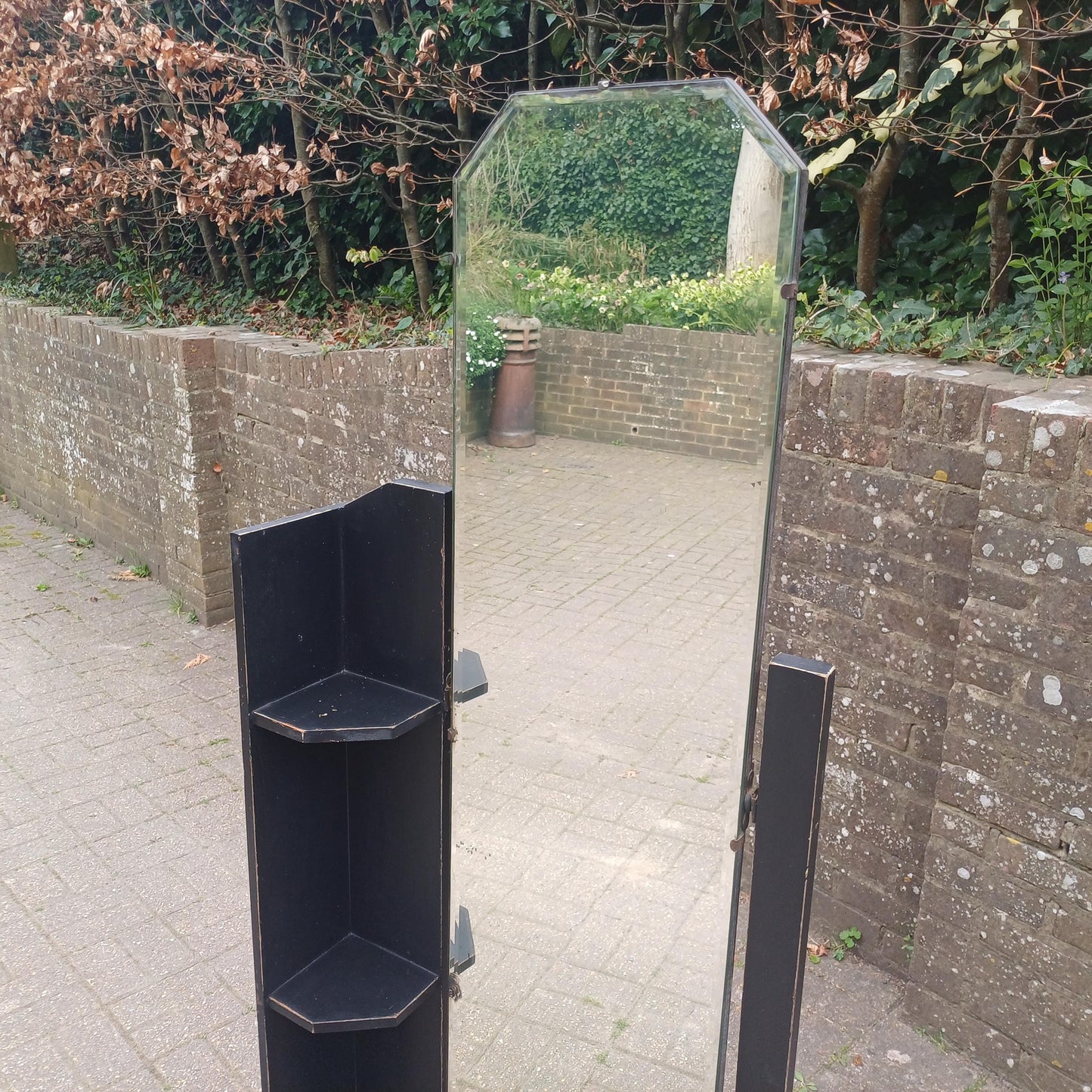 1920s Art Deco Oak Cheval Mirror Side Shelves Freestanding Distressed Black Finish Vintage Full Length Tilting Mirror FREE HAND Delivery
