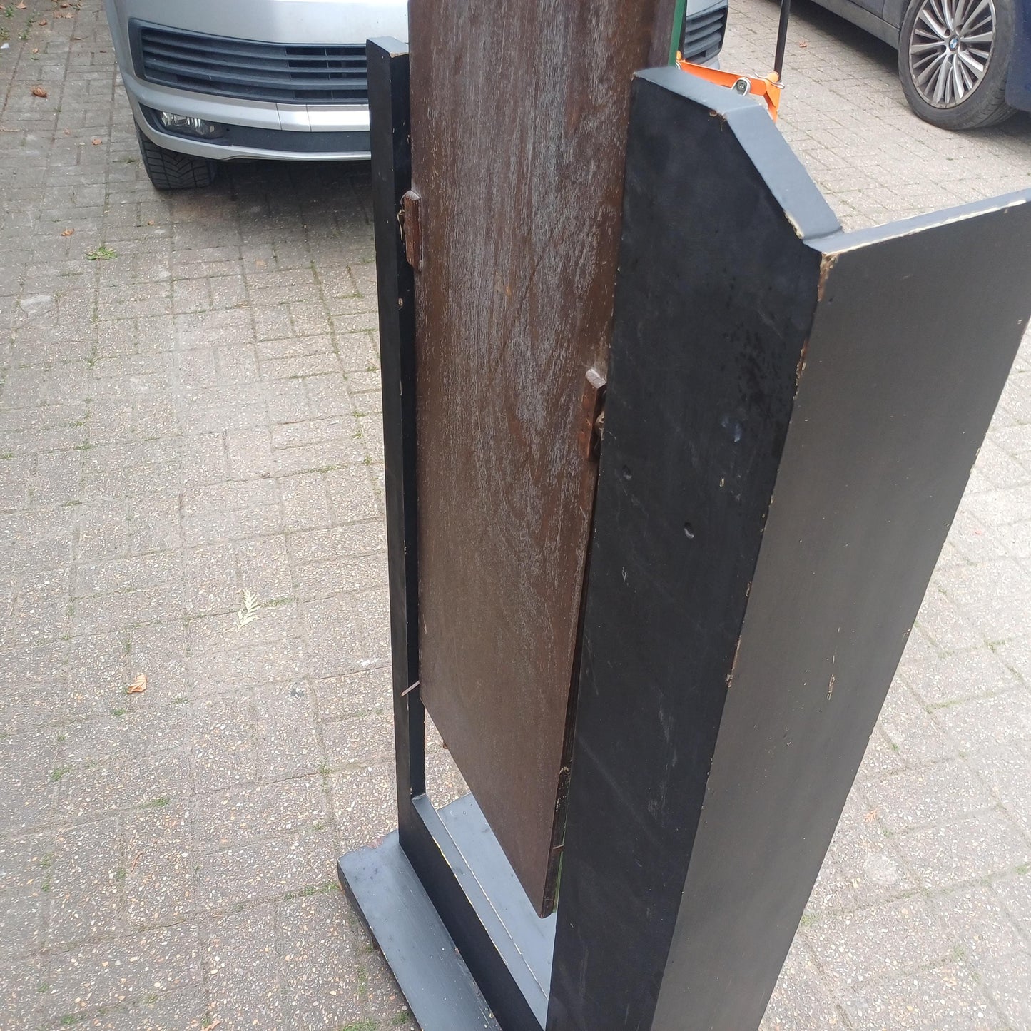 1920s Art Deco Oak Cheval Mirror Side Shelves Freestanding Distressed Black Finish Vintage Full Length Tilting Mirror FREE HAND Delivery