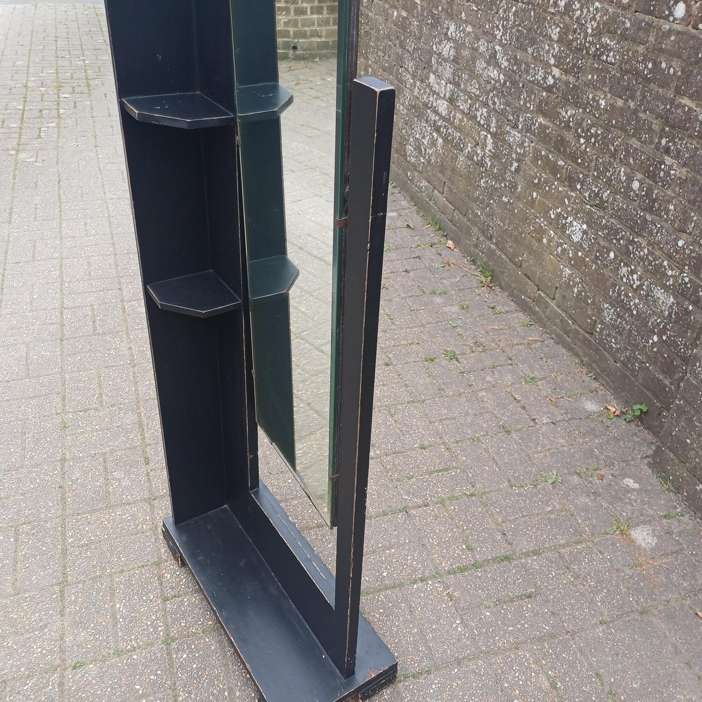 1920s Art Deco Oak Cheval Mirror Side Shelves Freestanding Distressed Black Finish Vintage Full Length Tilting Mirror FREE HAND Delivery