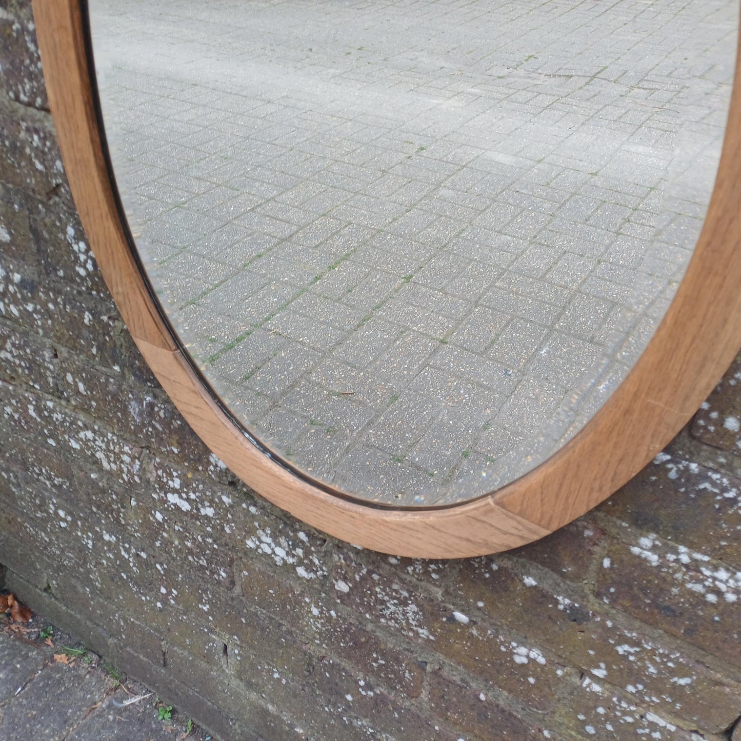 Beautiful Quality Large Vintage Stripped 1920s Solid Oak Oval Wall Mirror with Bevelled Glass