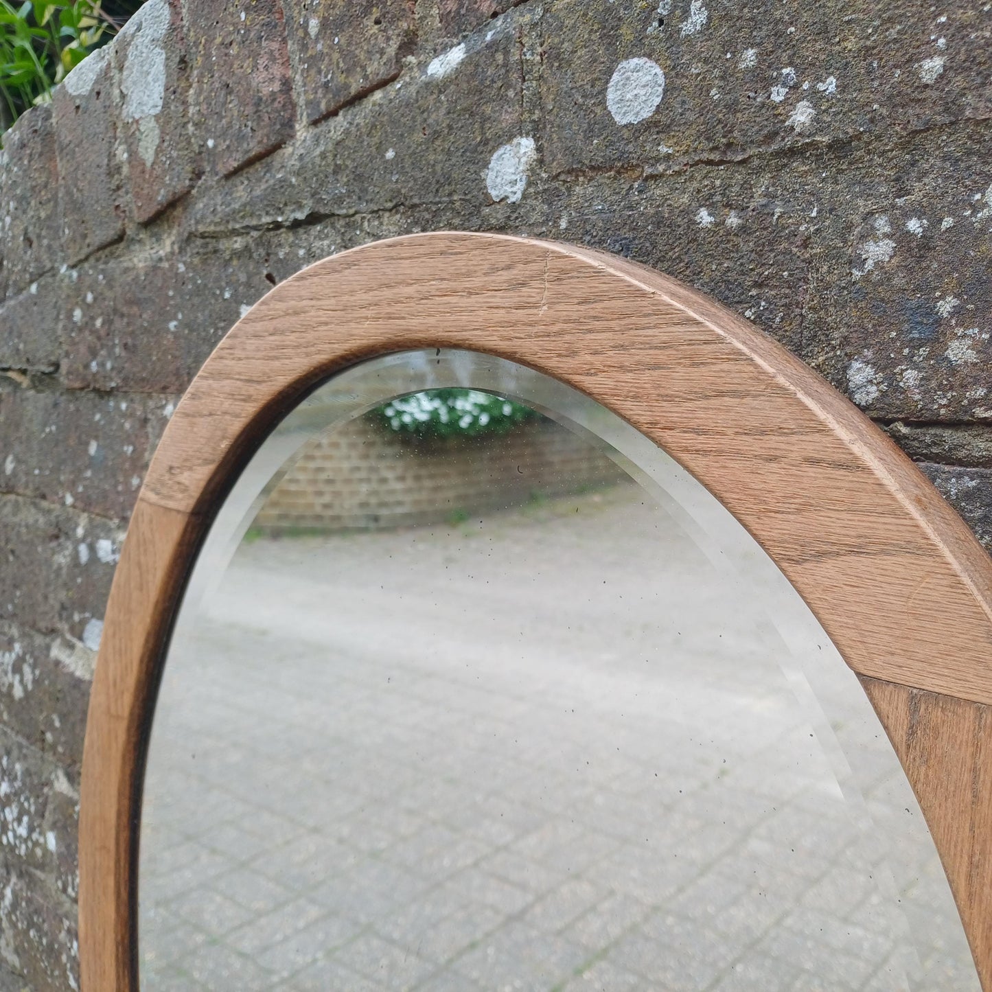 Beautiful Quality Large Vintage Stripped 1920s Solid Oak Oval Wall Mirror with Bevelled Glass