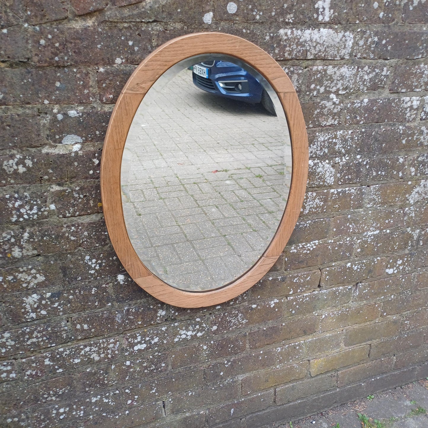 Beautiful Quality Large Vintage Stripped 1920s Solid Oak Oval Wall Mirror with Bevelled Glass
