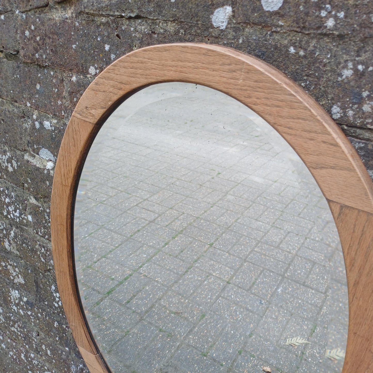 Beautiful Quality Large Vintage Stripped 1920s Solid Oak Oval Wall Mirror with Bevelled Glass