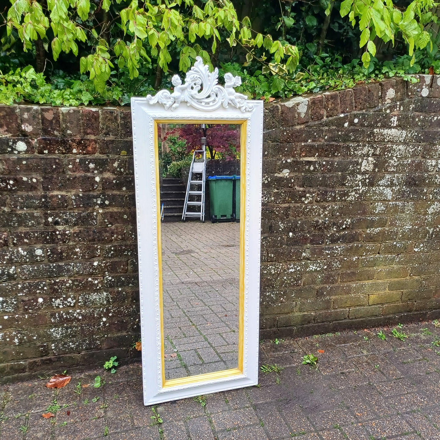 Tall Hand Painted Ornate Wall Mirror with Cherub Detail Vintage White & Gold Rococo Style Full-Length Shabby Chic Mirror FREE HAND Delivery