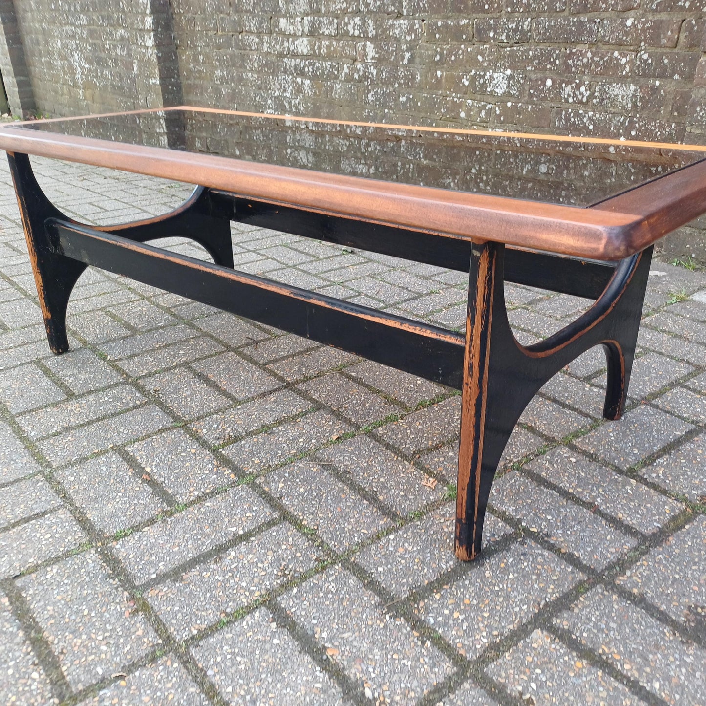 Unique 1970s Danish Style Coffee Table Smoked Glass Top, Black Painted Base, Distressed Upcycled Finish