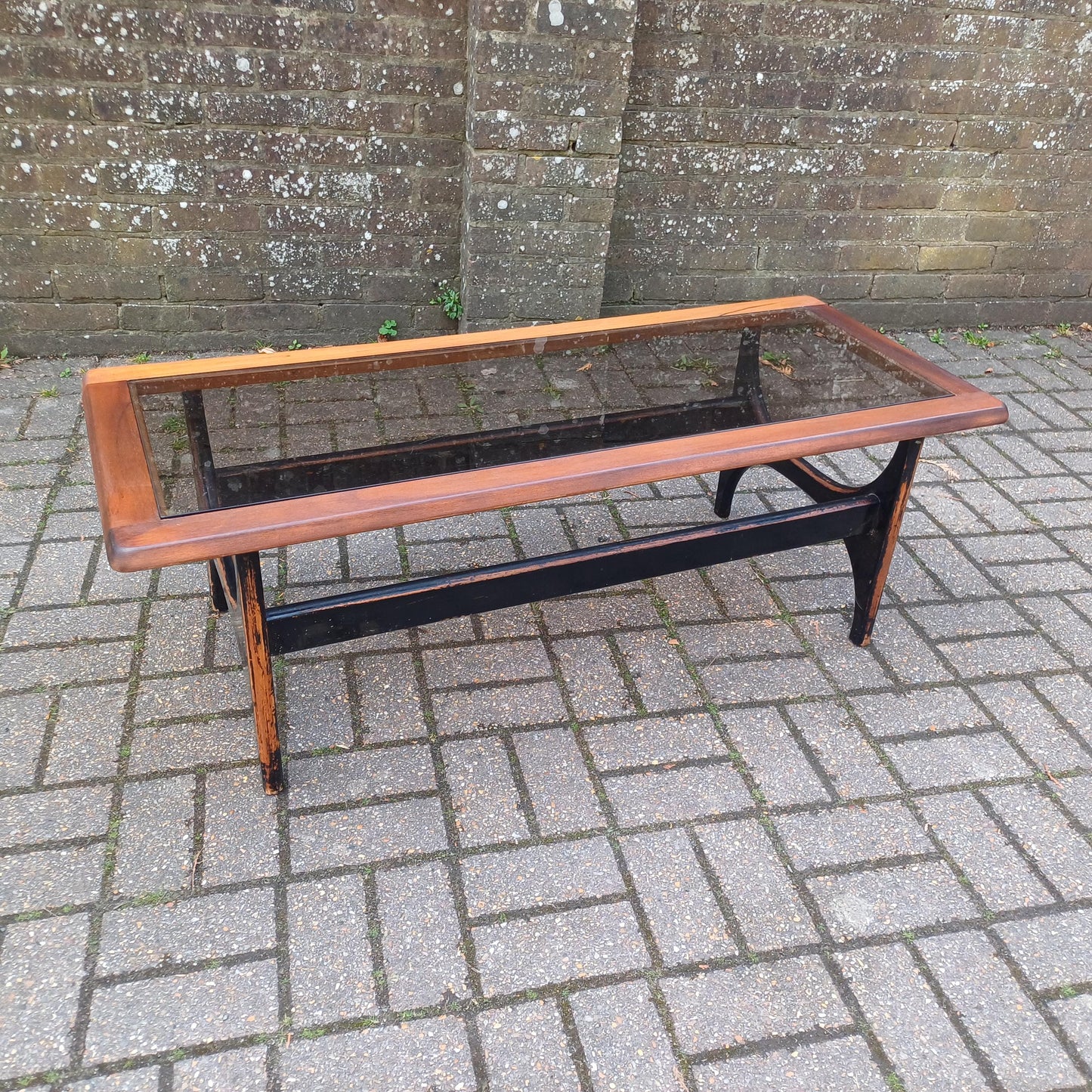 Unique 1970s Danish Style Coffee Table Smoked Glass Top, Black Painted Base, Distressed Upcycled Finish