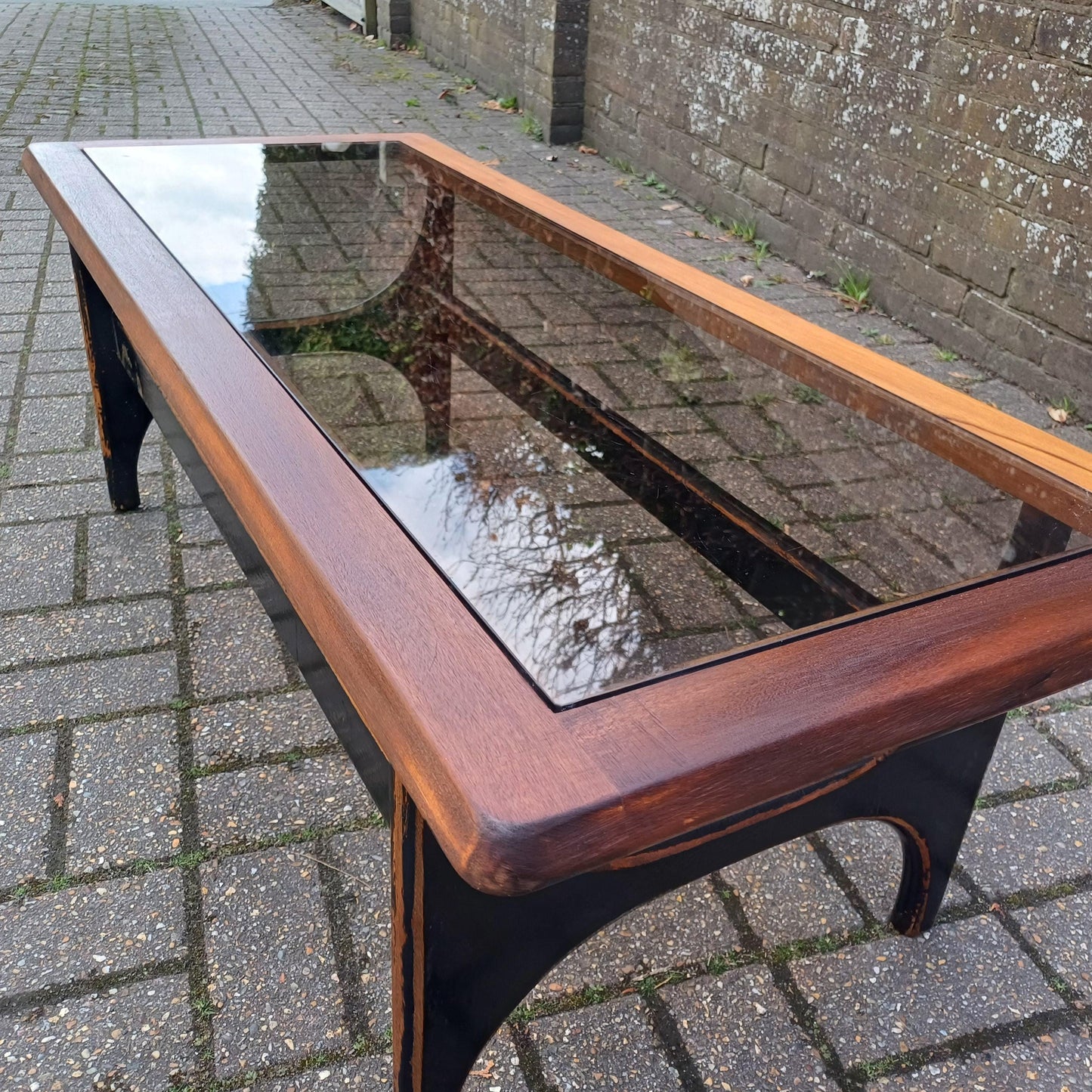Unique 1970s Danish Style Coffee Table Smoked Glass Top, Black Painted Base, Distressed Upcycled Finish