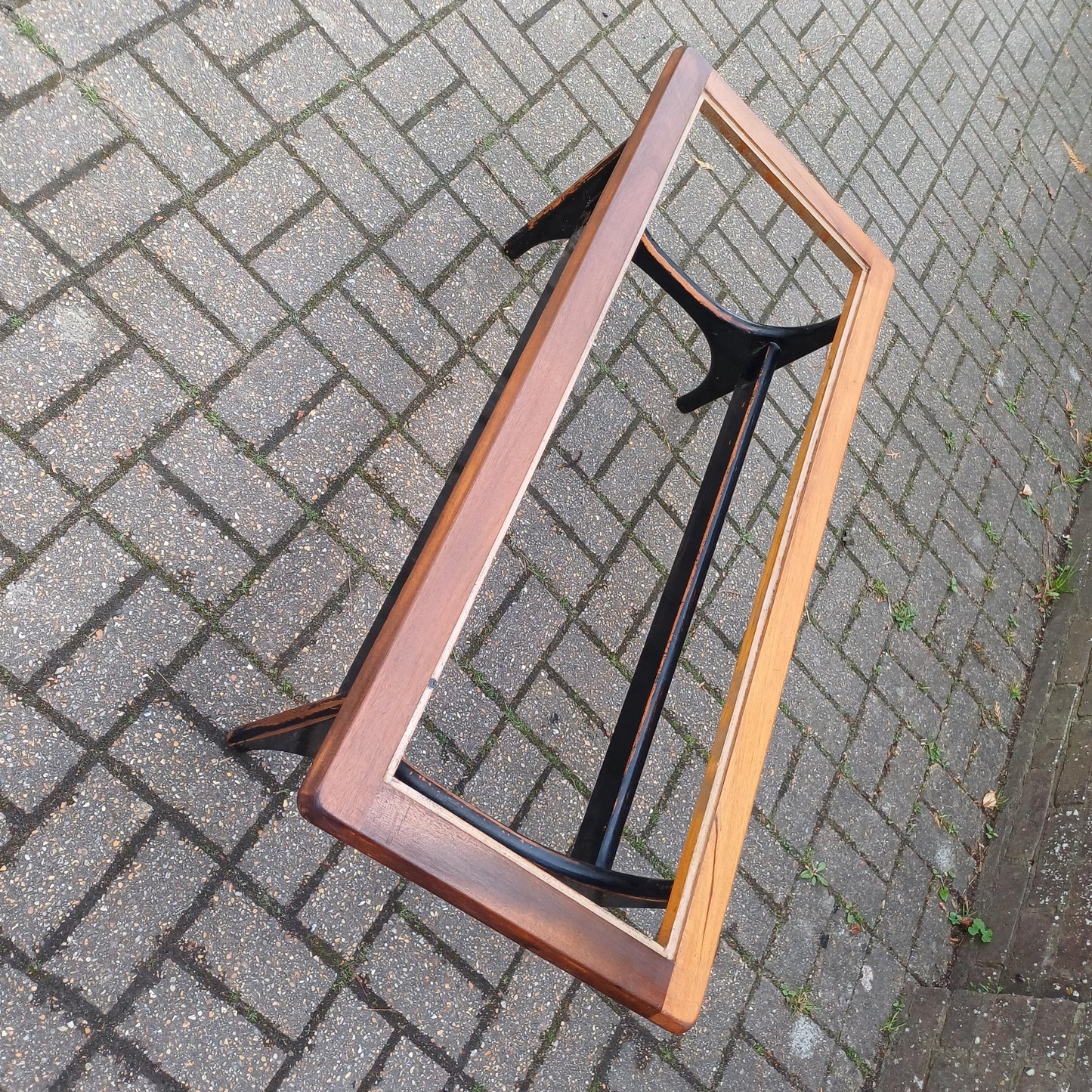 Unique 1970s Danish Style Coffee Table Smoked Glass Top, Black Painted Base, Distressed Upcycled Finish
