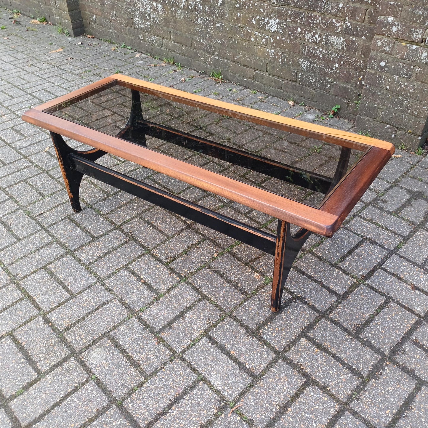 Unique 1970s Danish Style Coffee Table Smoked Glass Top, Black Painted Base, Distressed Upcycled Finish
