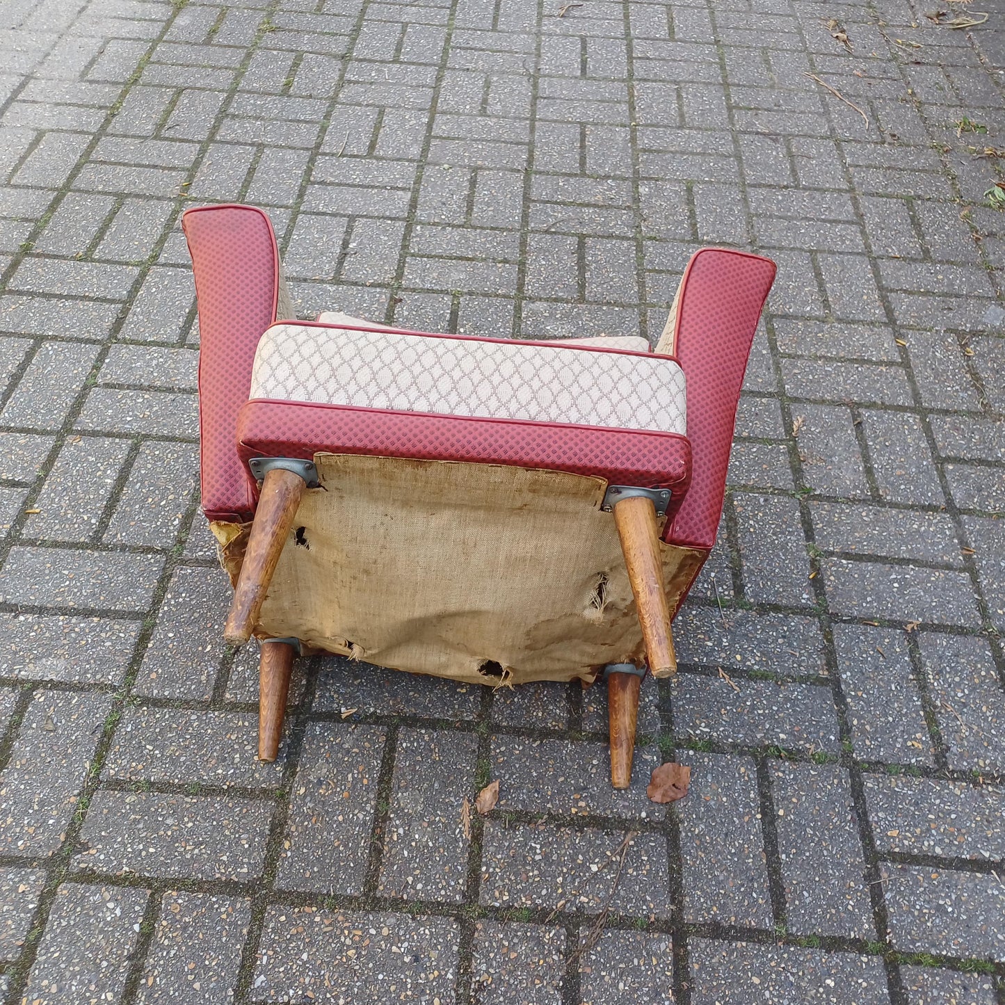 Quirky Retro Mid-Century Modern Wingback Armchair Red & Cream Vinyl Upholstery, Wooden Legs