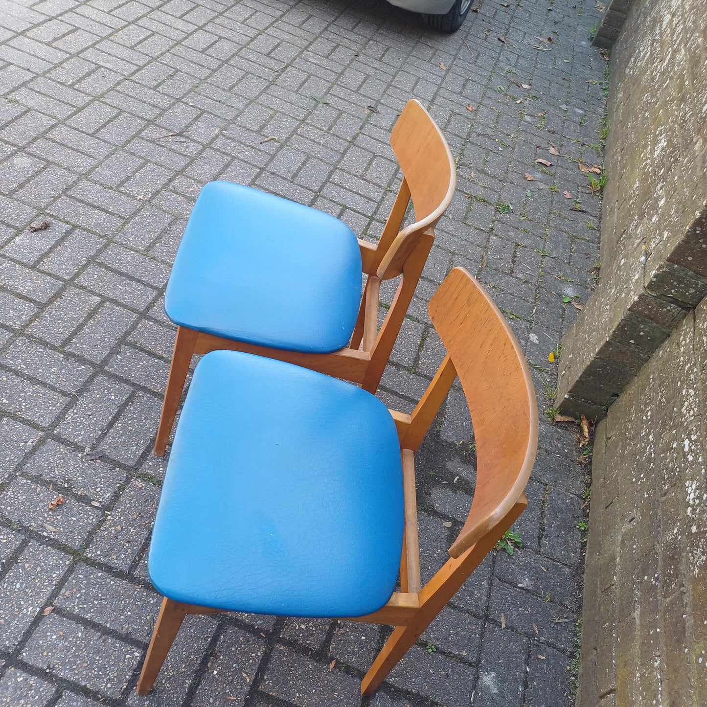 Pair of Mid-Century Modern Retro Dining Chairs Solid Wood Frames with Blue Vinyl Seats