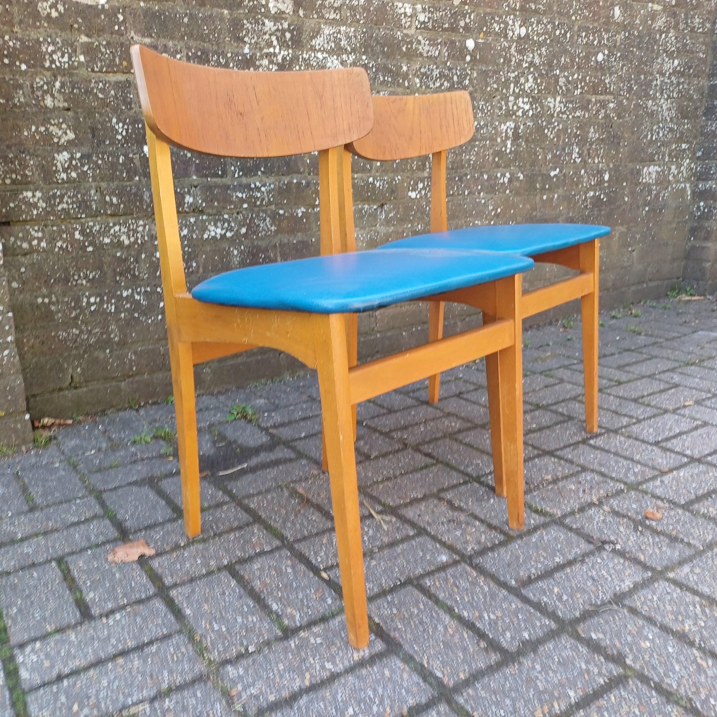 Pair of Mid-Century Modern Retro Dining Chairs Solid Wood Frames with Blue Vinyl Seats