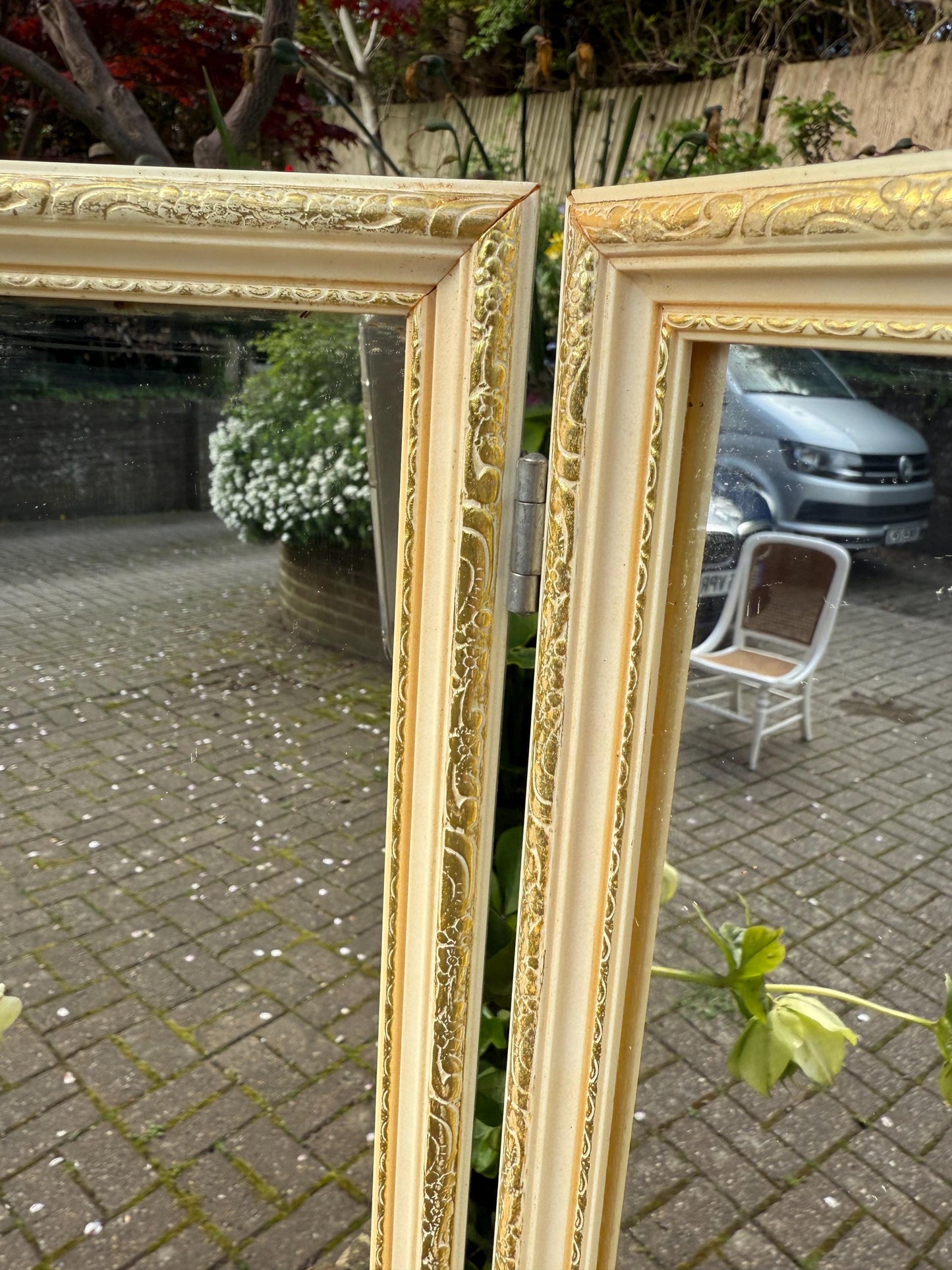 Retro vintage triple mirror, vintage dressing table mirror, cream and gold bedroom vanity mirror