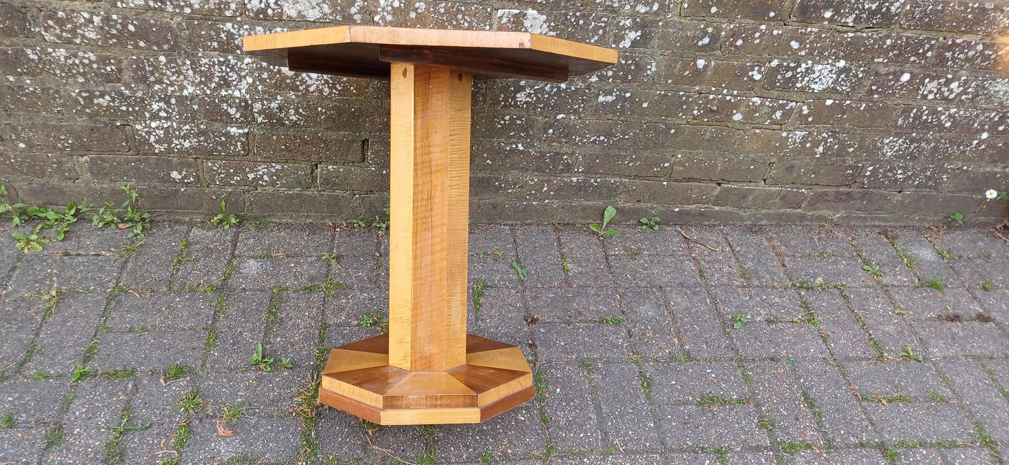 Art Deco Handcrafted Wooden Pedestal Table – Octagonal Sunburst Veneer Top, Vintage Side or Display Table FREE HAND Delivery