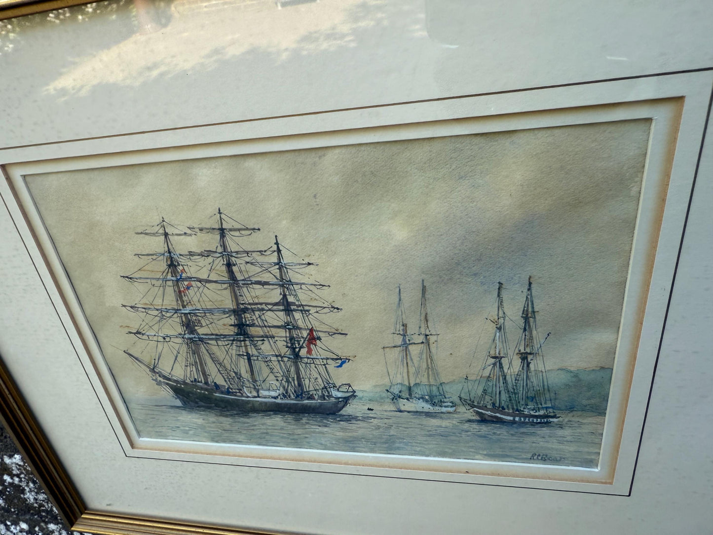 Original Watercolour Maritime Painting by Robert Boar titled Days of Sail, Tall Ships in Harbour Scene, Nautical Framed Artwork