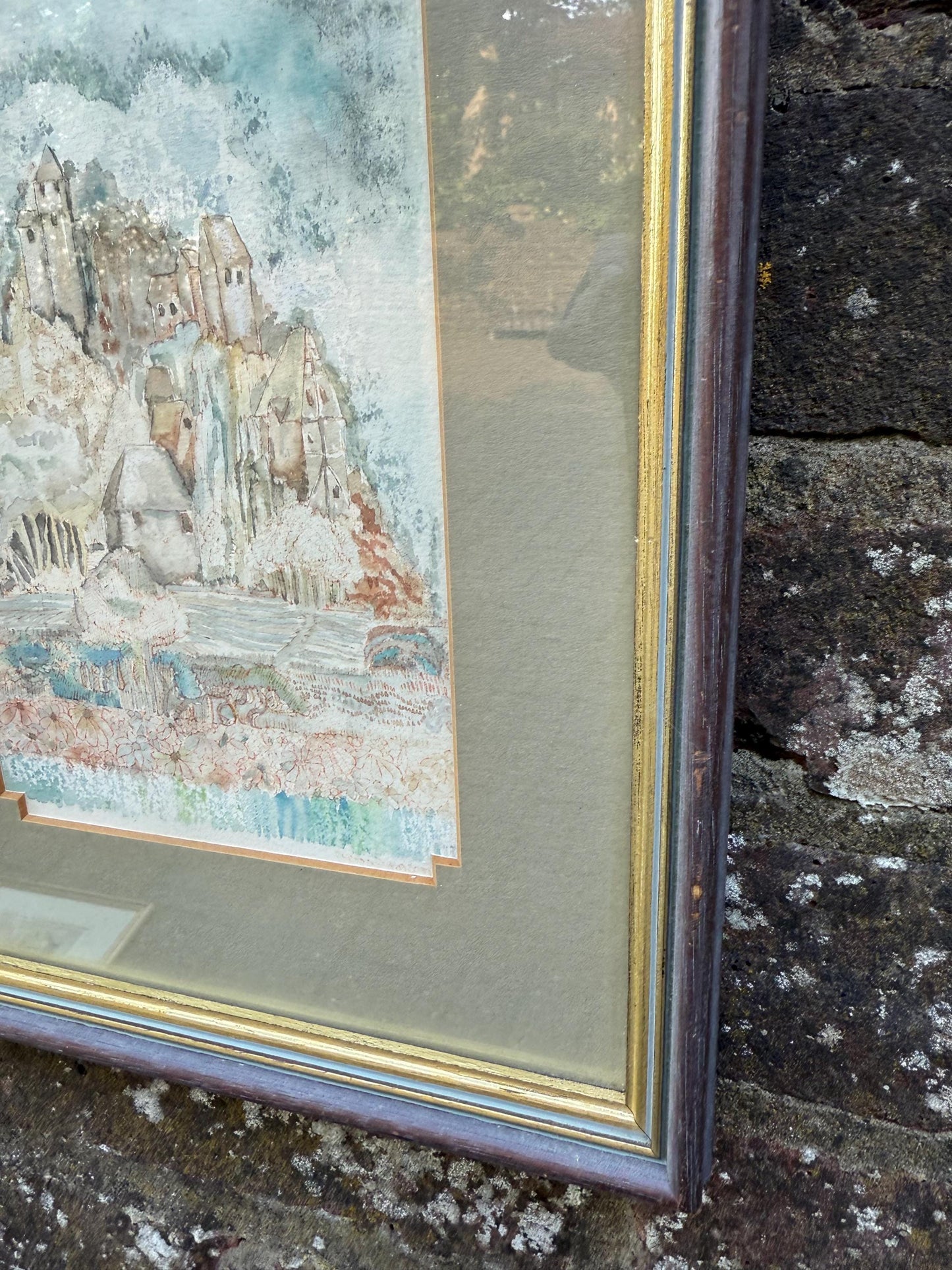 Vintage Original French Village Watercolour, naive style, Framed Pastoral Countryside Scene, Soft Impressionist Style Artwork
