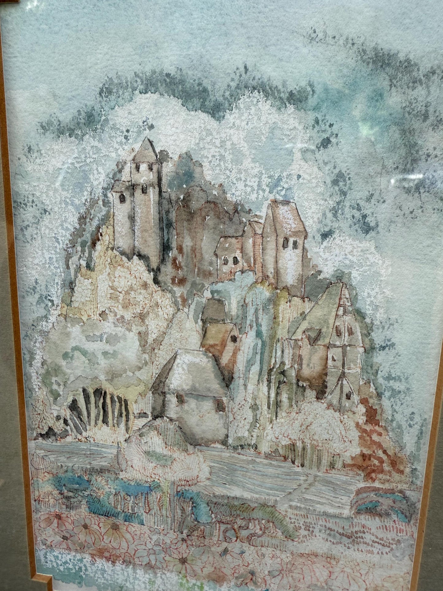Vintage Original French Village Watercolour, naive style, Framed Pastoral Countryside Scene, Soft Impressionist Style Artwork