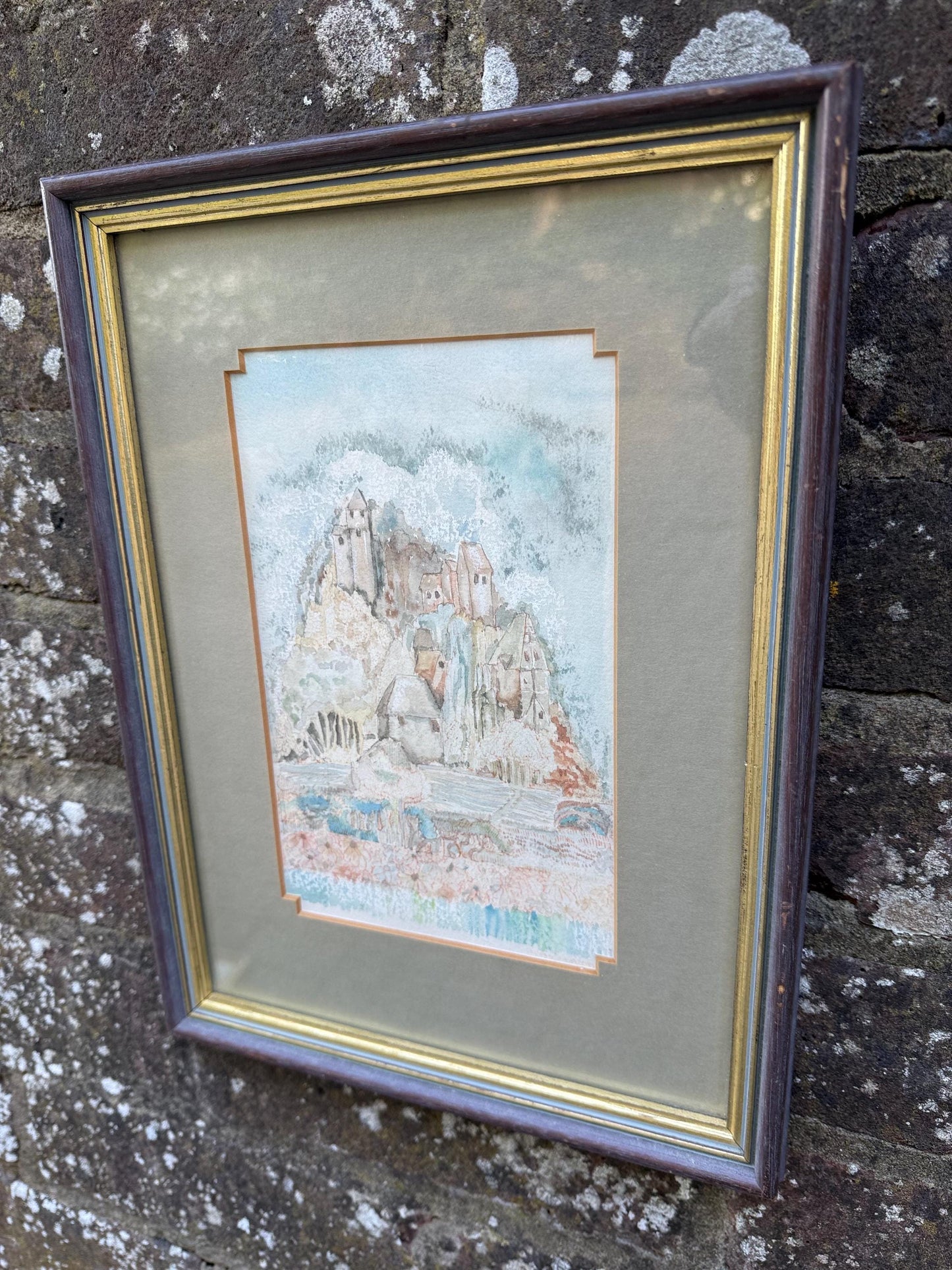 Vintage Original French Village Watercolour, naive style, Framed Pastoral Countryside Scene, Soft Impressionist Style Artwork
