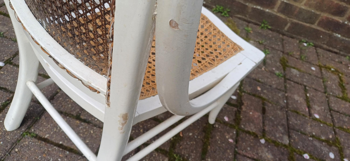 Vintage White Painted Victorian Cane Chair French Country Style with Curved Frame