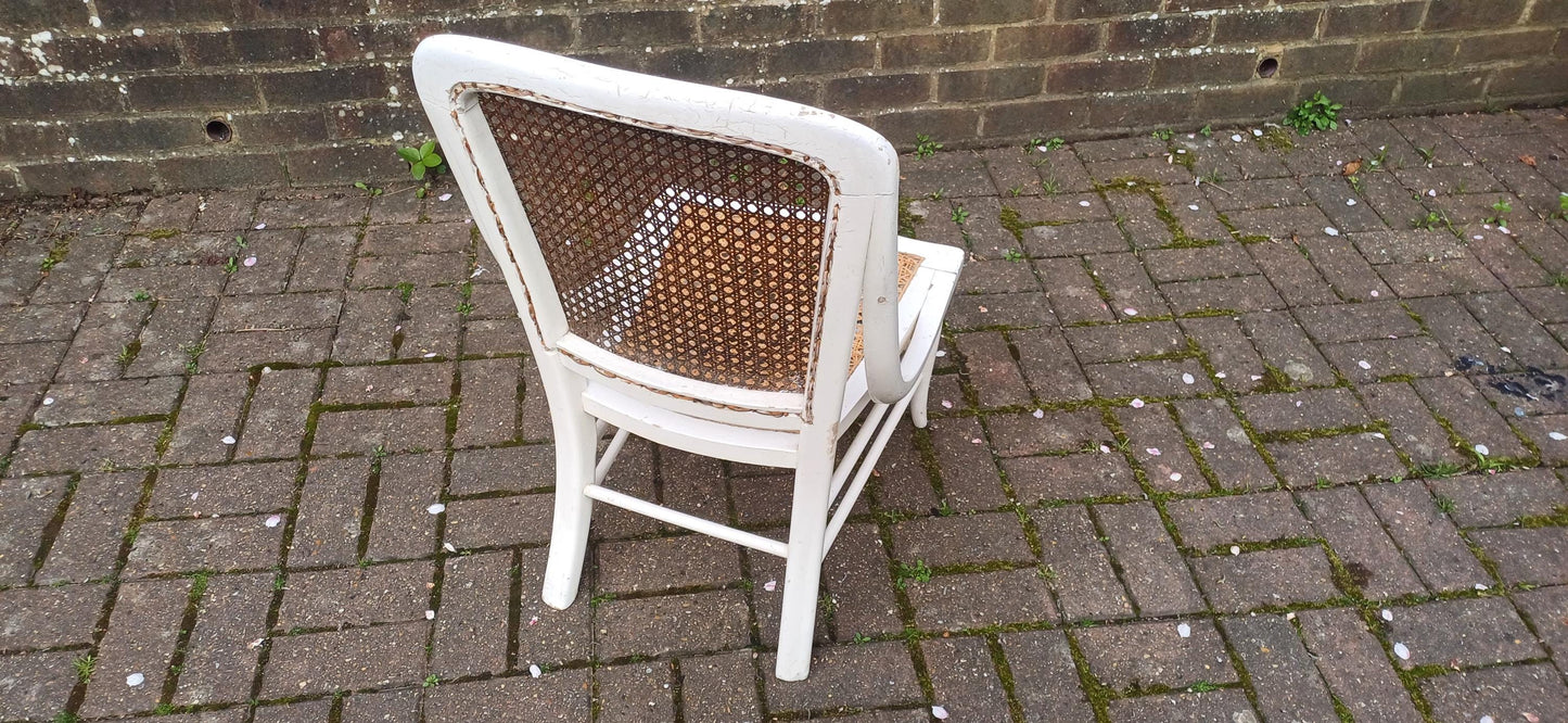 Vintage White Painted Victorian Cane Chair French Country Style with Curved Frame