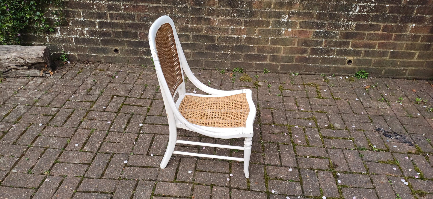Vintage White Painted Victorian Cane Chair French Country Style with Curved Frame