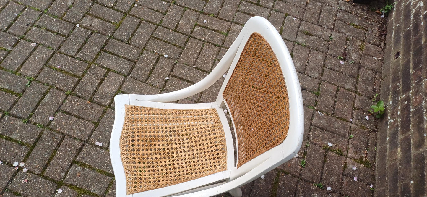 Vintage White Painted Victorian Cane Chair French Country Style with Curved Frame