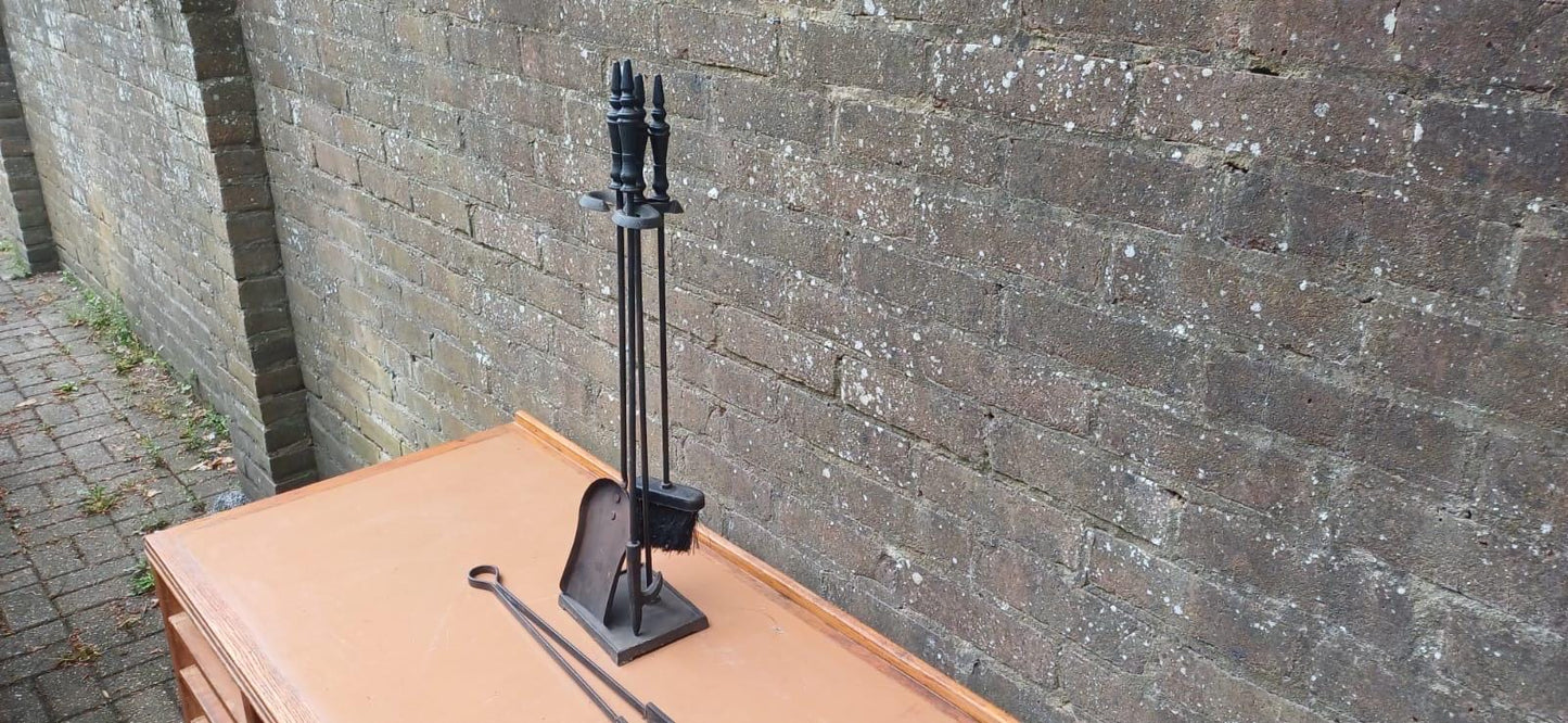 Delightful vintage retro full fire iron set with a stand - vintage fire poker, fire stand, shovel, fire tongs - metal vintage fire set