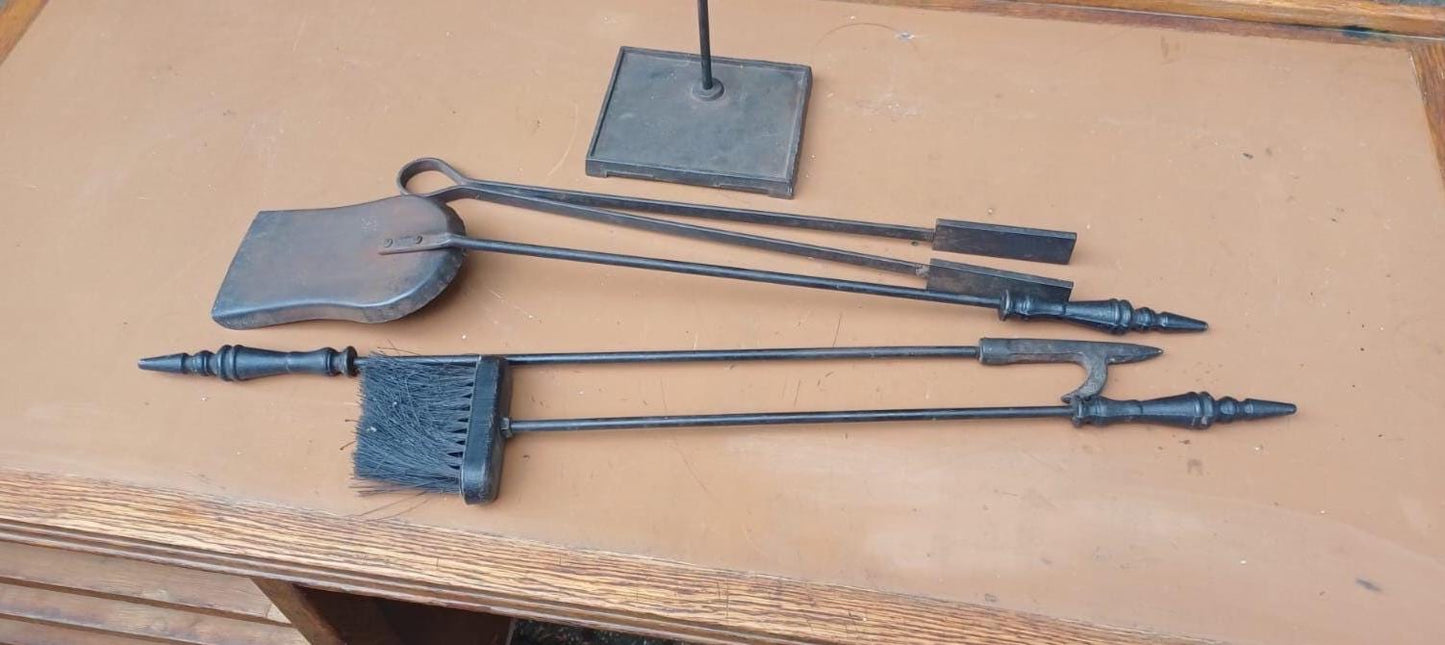 Delightful vintage retro full fire iron set with a stand - vintage fire poker, fire stand, shovel, fire tongs - metal vintage fire set