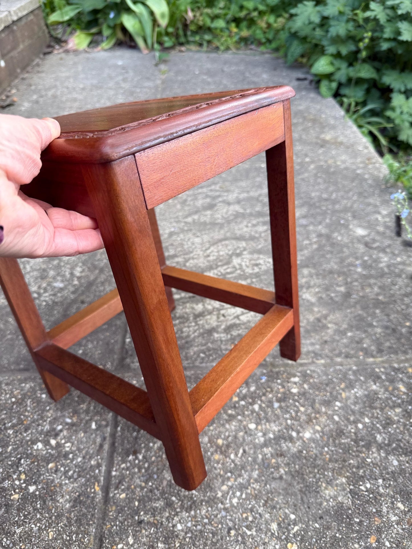 Vintage hand carved side table, leaf border accent, storage drawer, 1950s small wooden table or plant stand, occasional small table