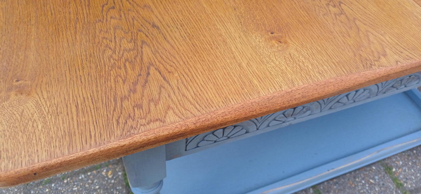 Rustic Grey Painted Coffee Table with Oak Veneer Top Sliding Storage Vintage Style with Danish Oil Finish Blue Grey FREE HAND Delivery