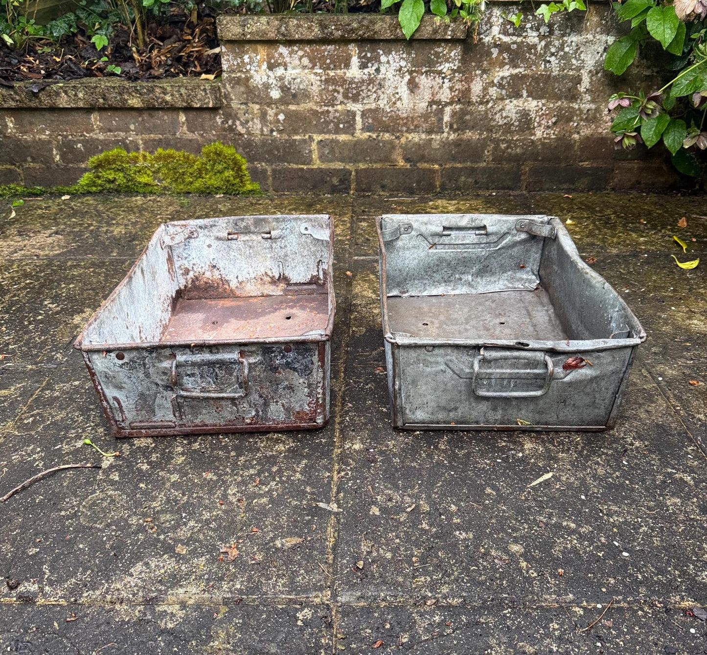 galvanised metal crates, perfect as indoor or outdoor planters. galvanised metal containers. good for stacking and storage or as outdoor planters