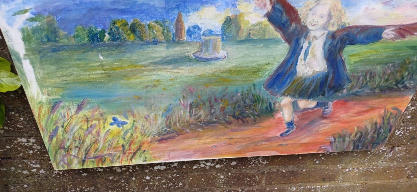 Original Acrylic Painting on Canvas of Joyful Child Running in Nature | Whimsical Icarus-Inspired Art | Impressionist Painting 81 x 59cm