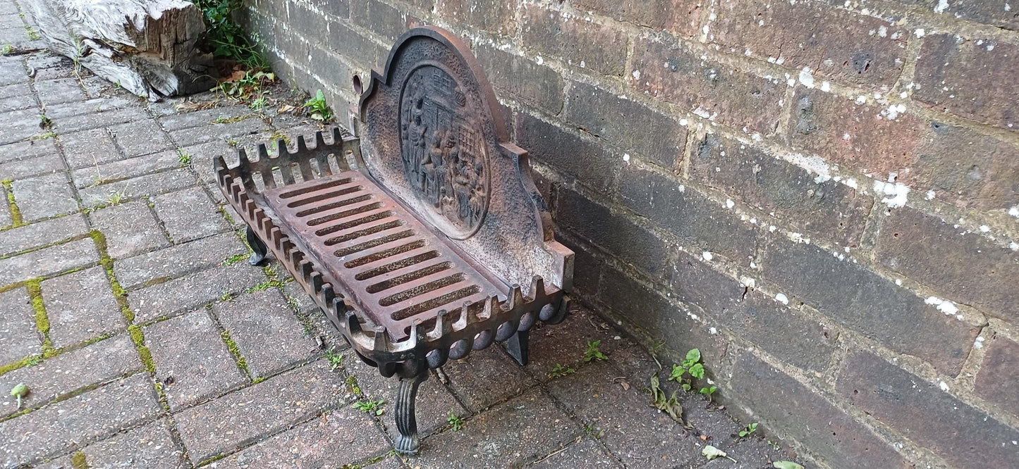 Antique Cast Iron Fire Grate with Decorative Relief Panel – Ornate 19th Century Style Fireplace Basket with Claw Feet