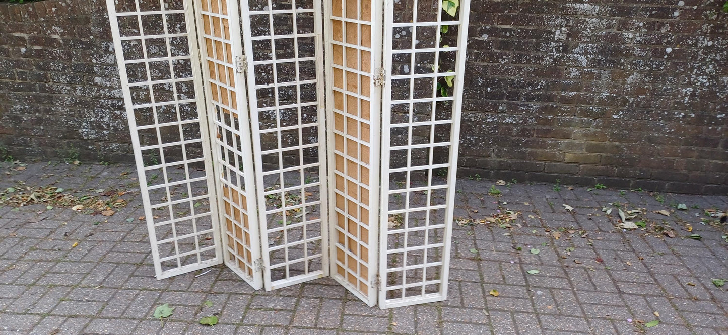 Vintage Mid Century Folding Room Divider Privacy Screen 5 Panel White Lattice Frame Shabby Chic Partition – Retro Folding FREE HAND Delivery