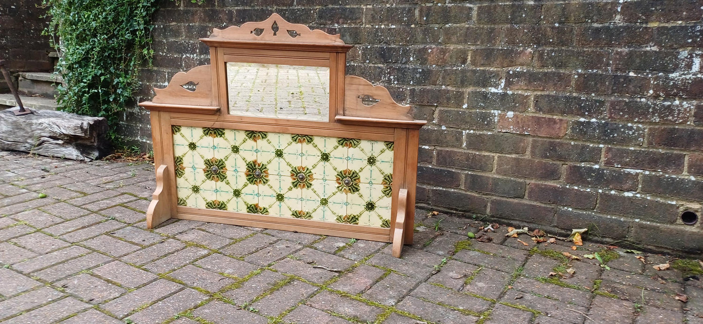 Huge Victorian Washstand Back Original Art Nouveau Majolica Tiles Carved Mirror Overmantel Antique Salvaged Mantelpiece FREE HAND Delivery