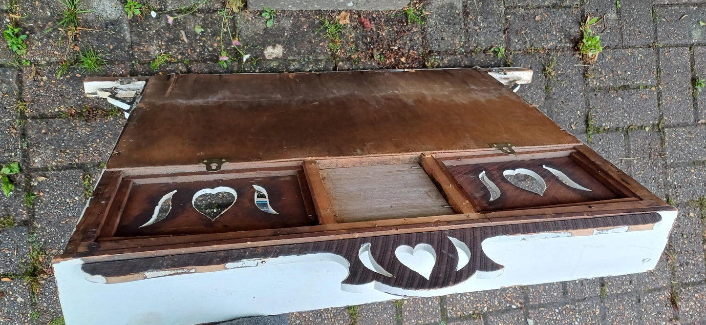 Vintage Painted White Over Mantel Mirror with Folk Art Heart Cut-Outs Antique Cottage Style Shabby Chic Wall Mirror FREE HAND Delivery