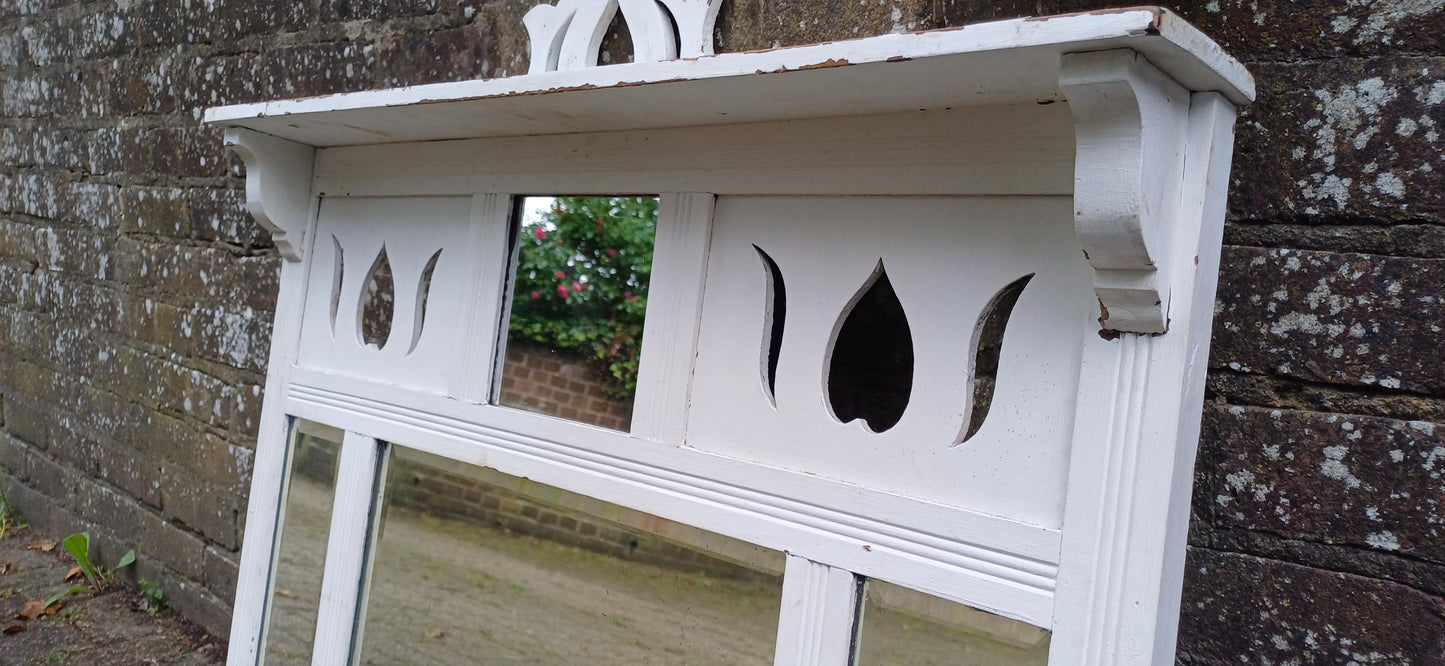 Vintage Painted White Over Mantel Mirror with Folk Art Heart Cut-Outs Antique Cottage Style Shabby Chic Wall Mirror FREE HAND Delivery