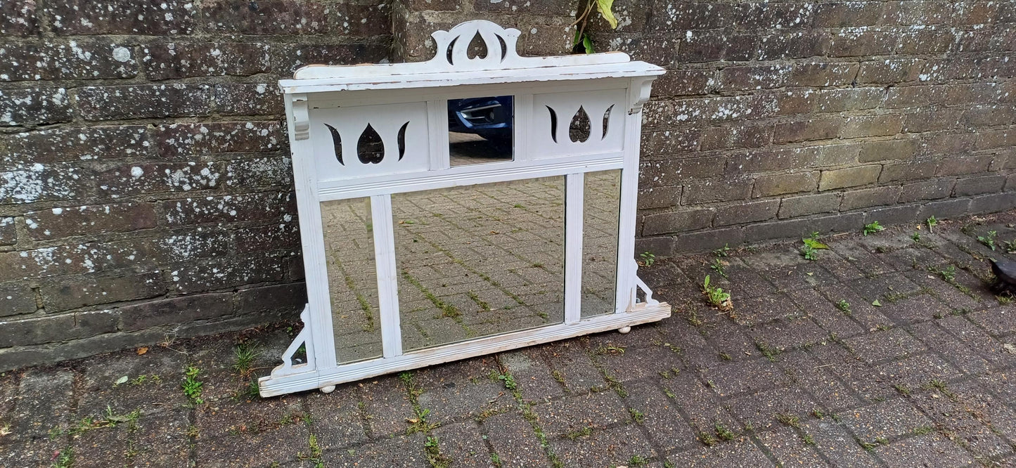 Vintage Painted White Over Mantel Mirror with Folk Art Heart Cut-Outs Antique Cottage Style Shabby Chic Wall Mirror FREE HAND Delivery