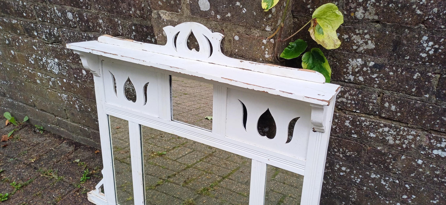 Vintage Painted White Over Mantel Mirror with Folk Art Heart Cut-Outs Antique Cottage Style Shabby Chic Wall Mirror FREE HAND Delivery
