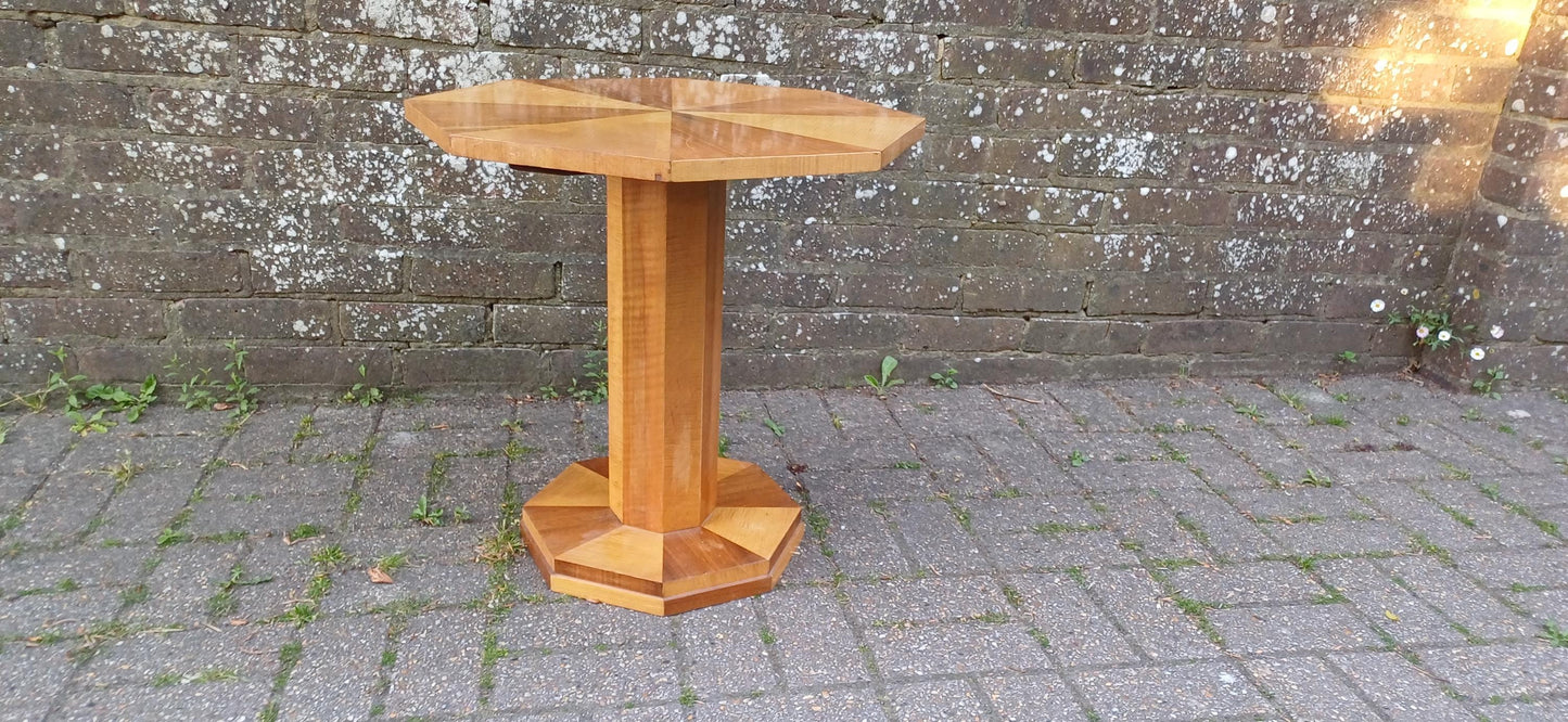 Art Deco Handcrafted Wooden Pedestal Table – Octagonal Sunburst Veneer Top, Vintage Side or Display Table FREE HAND Delivery