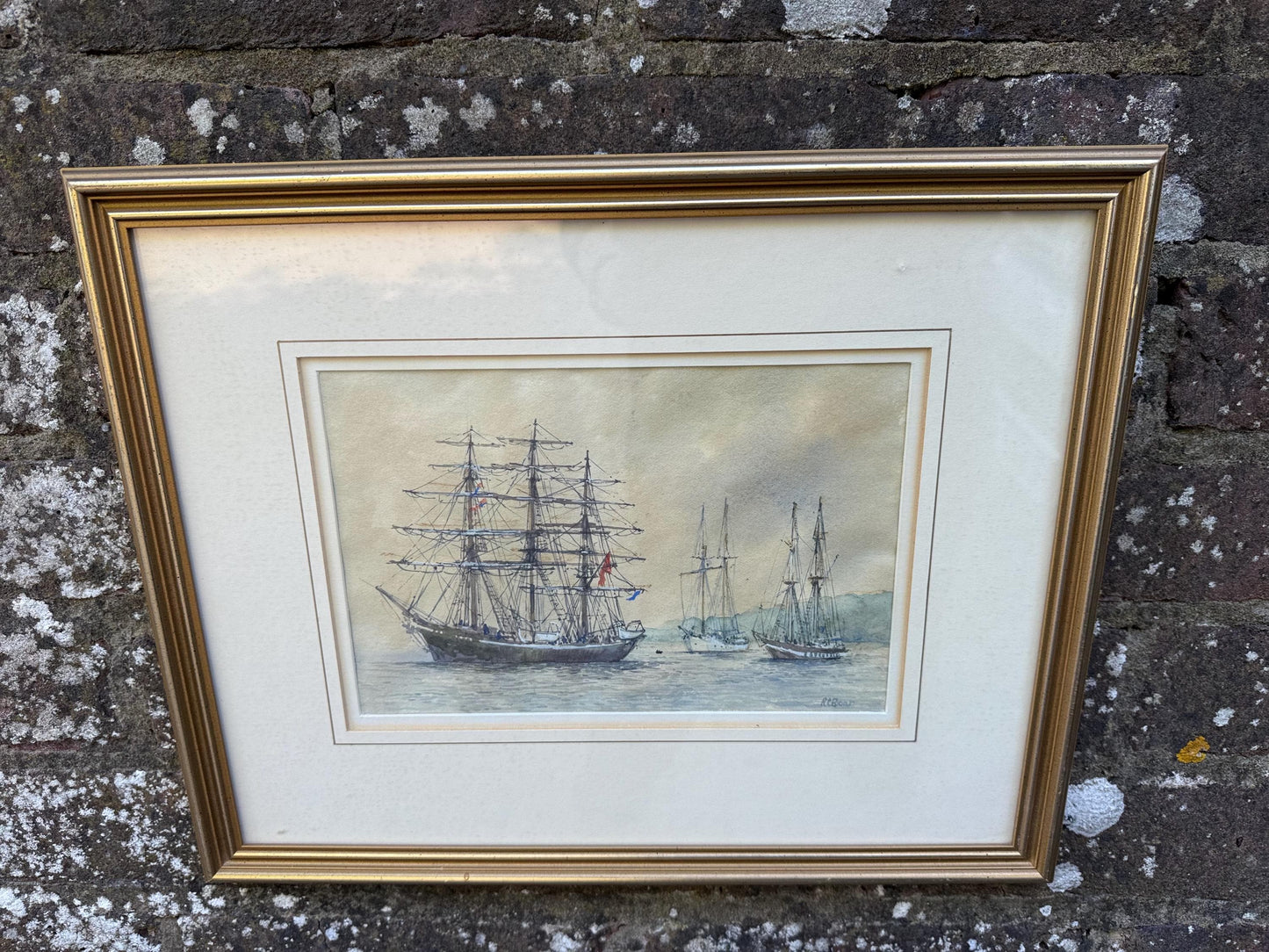 Original Watercolour Maritime Painting by Robert Boar titled Days of Sail, Tall Ships in Harbour Scene, Nautical Framed Artwork