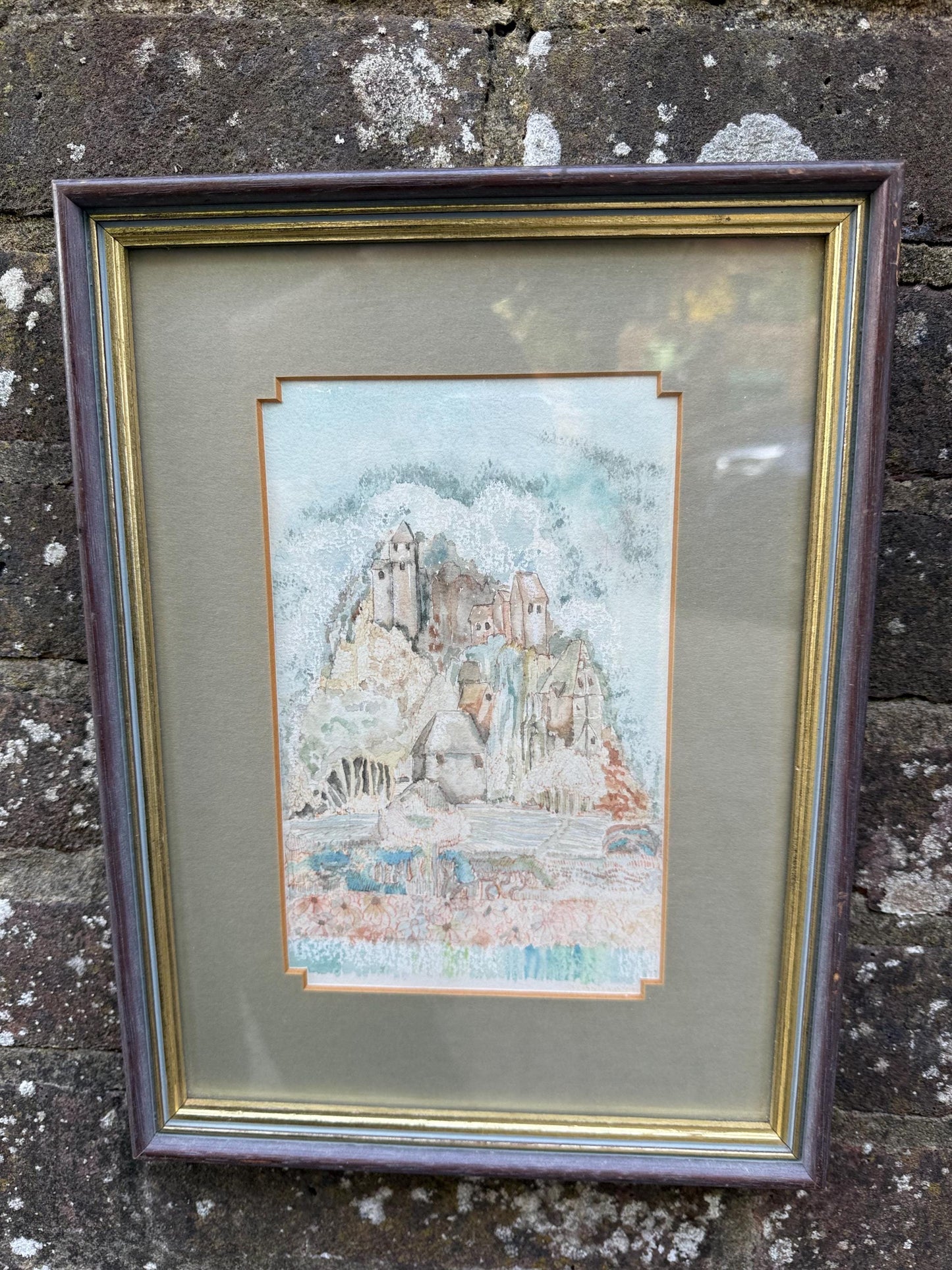 Vintage Original French Village Watercolour, naive style, Framed Pastoral Countryside Scene, Soft Impressionist Style Artwork